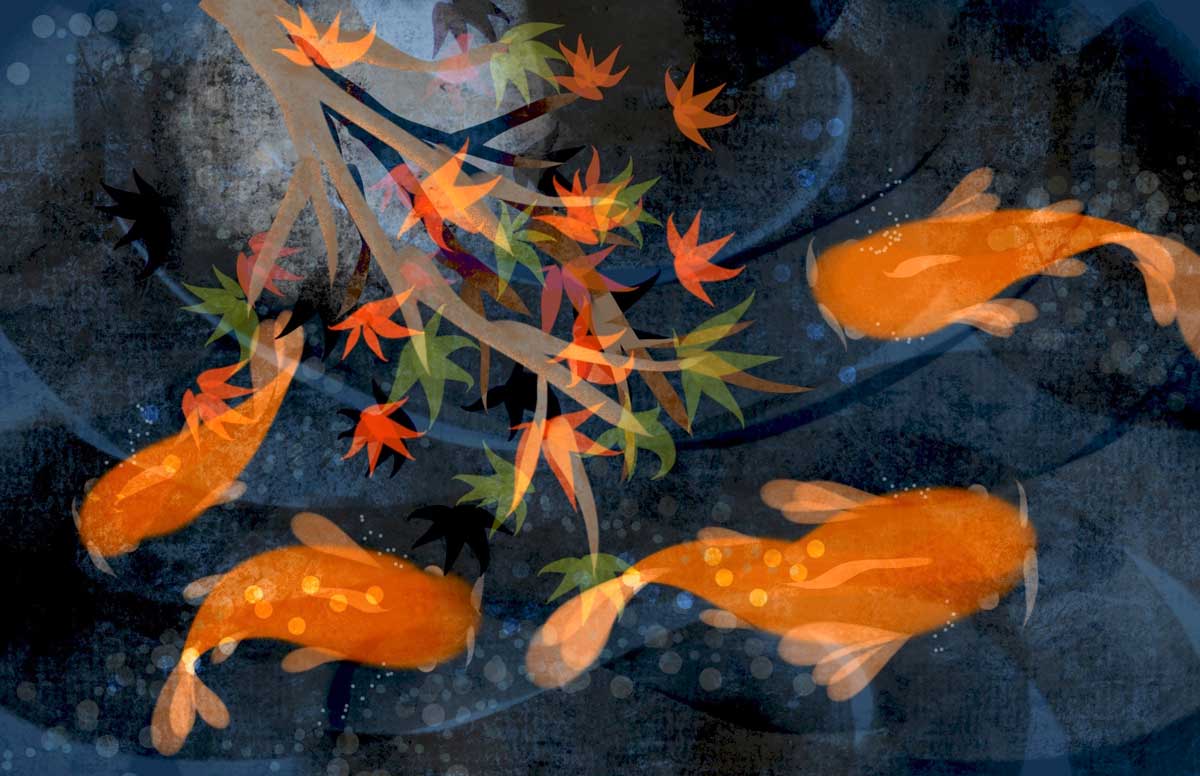Colorful artwork of Koi fish in water under Maple Tree