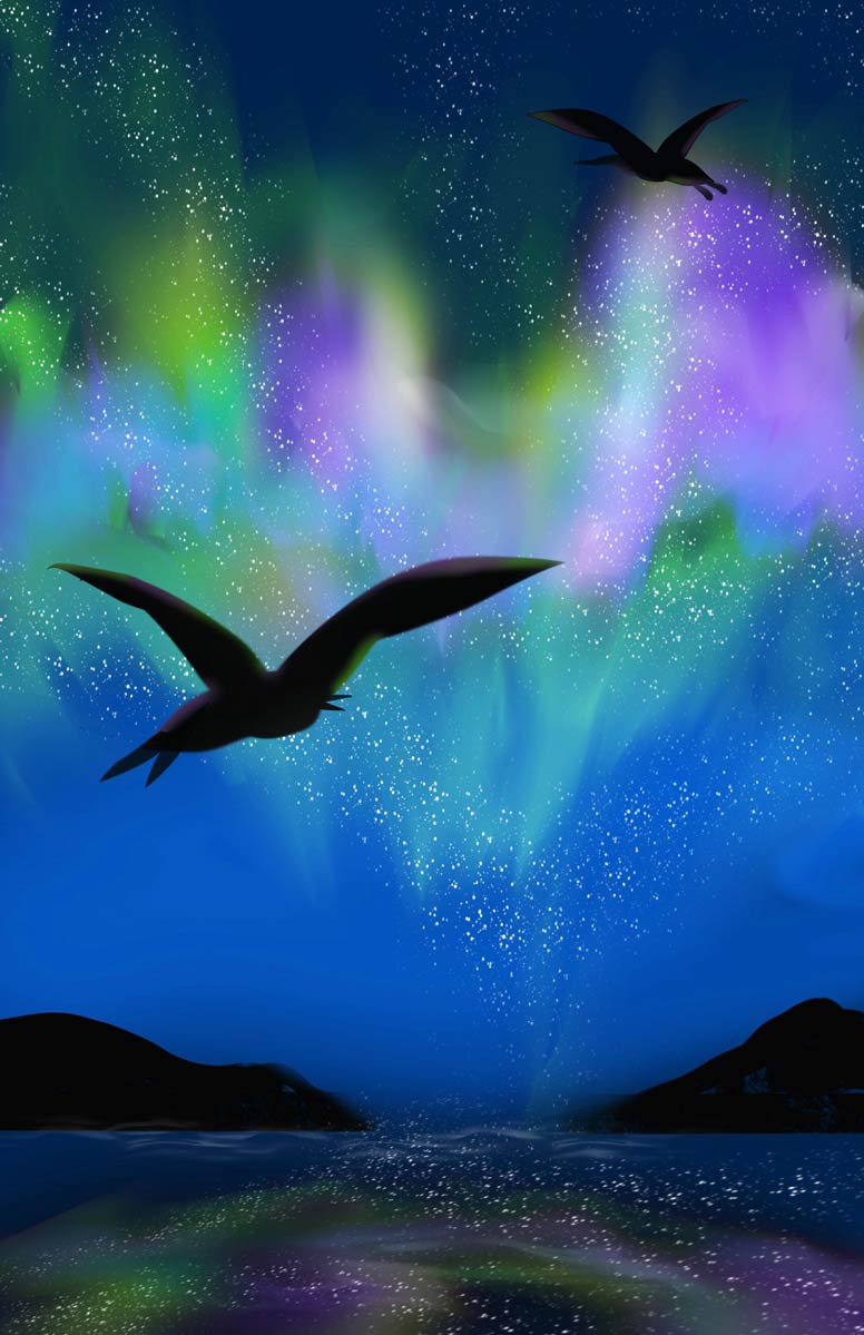 Colorful artwork of Northern Lights with birds over the water