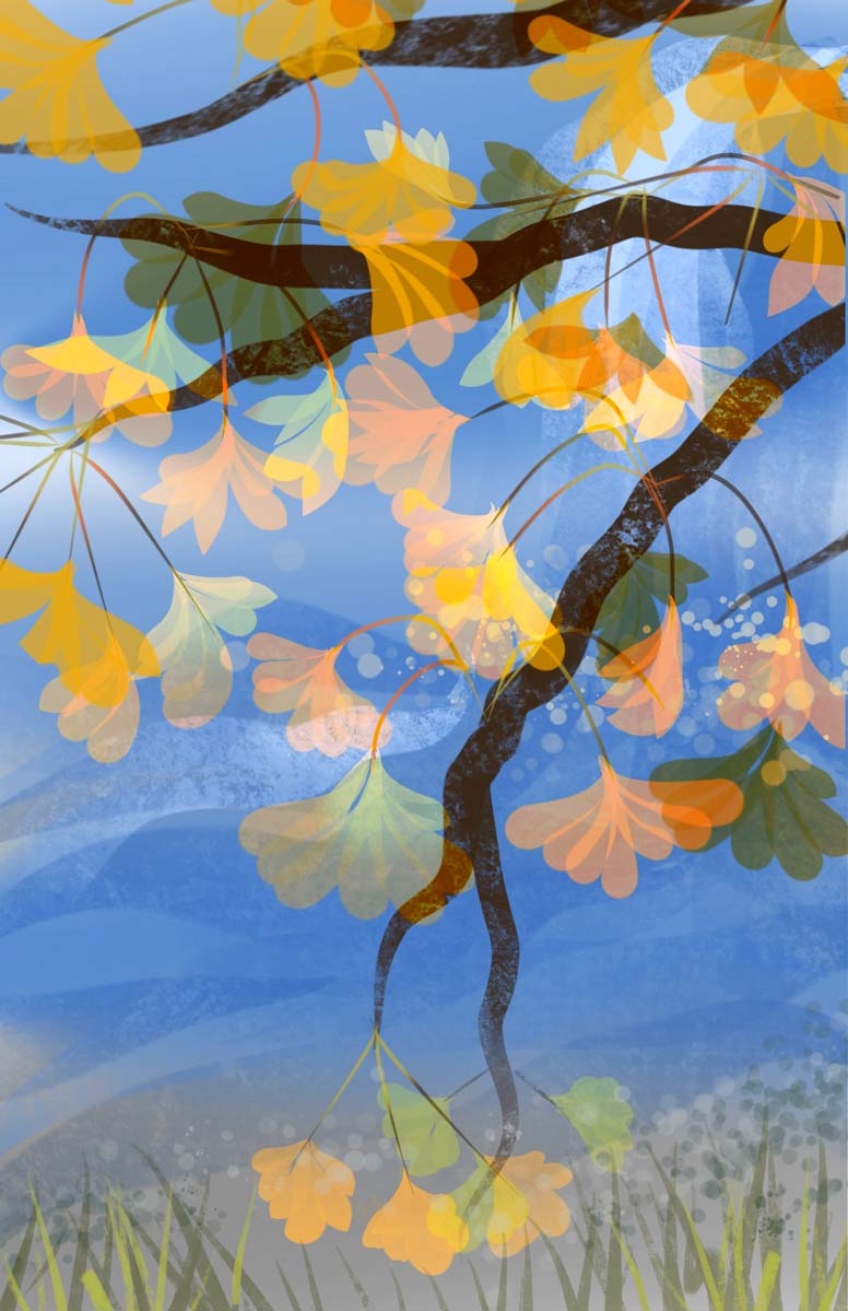 Colorful artwork of Ginkgo by the River