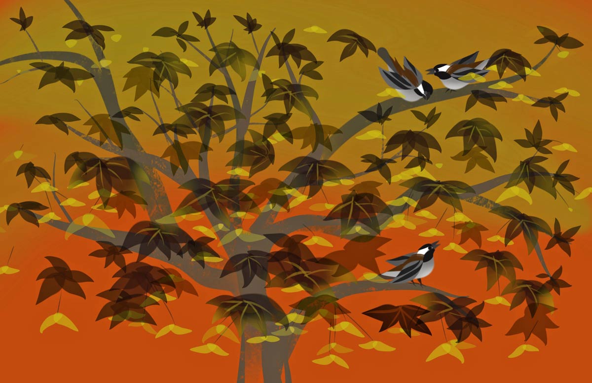 Colorful artwork of chickadees in maple tree